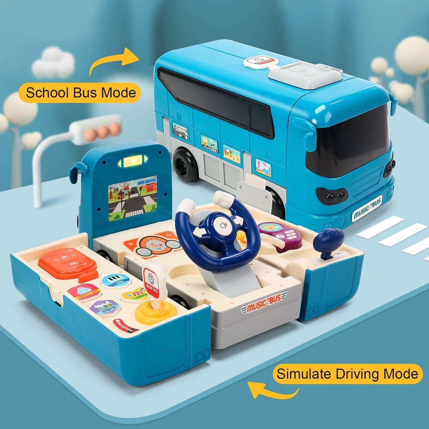 Kids Play Bus Vehicle with Sound and Light Simulation Steering Wheel Toy for Toddler