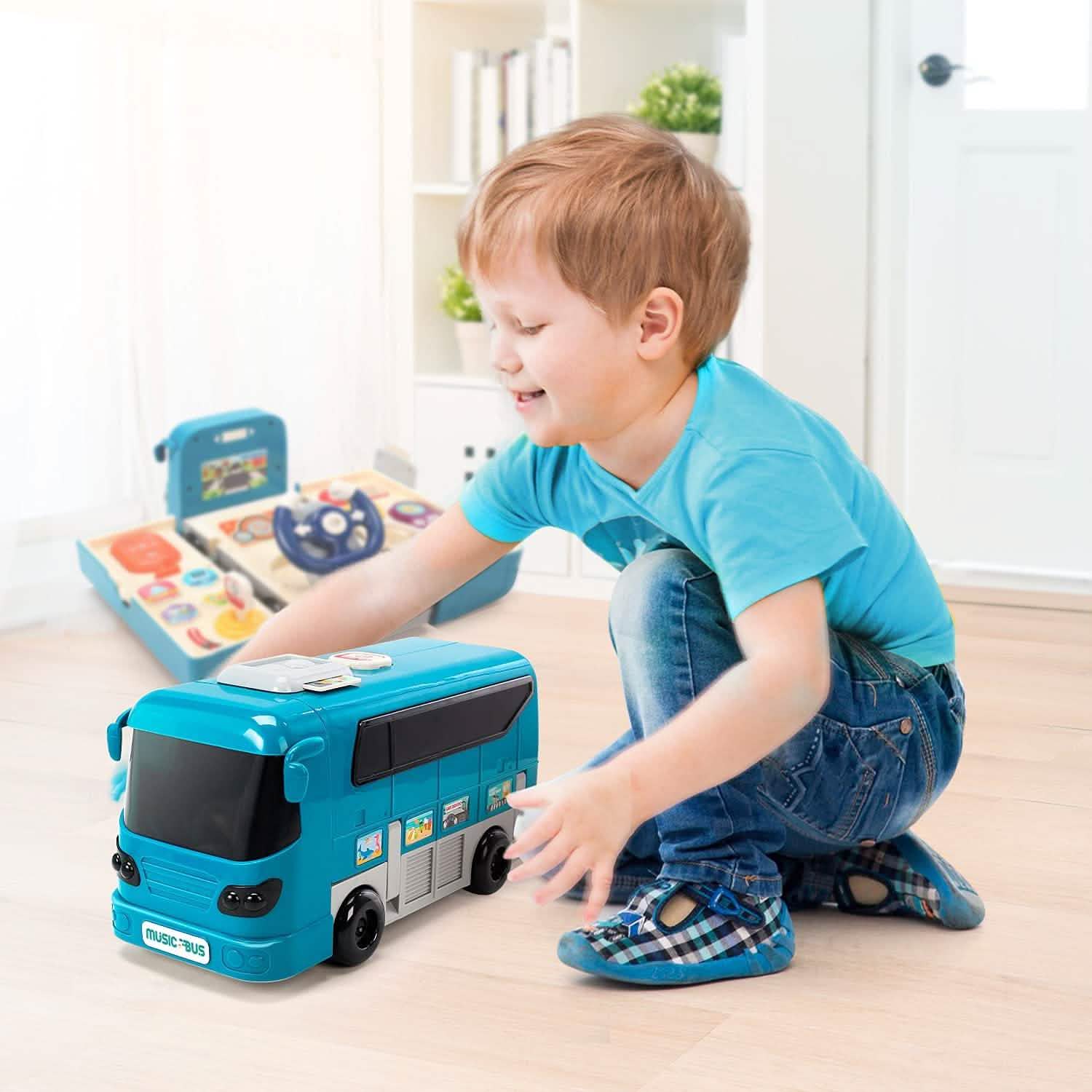 Kids Play Bus Vehicle with Sound and Light Simulation Steering Wheel Toy for Toddler