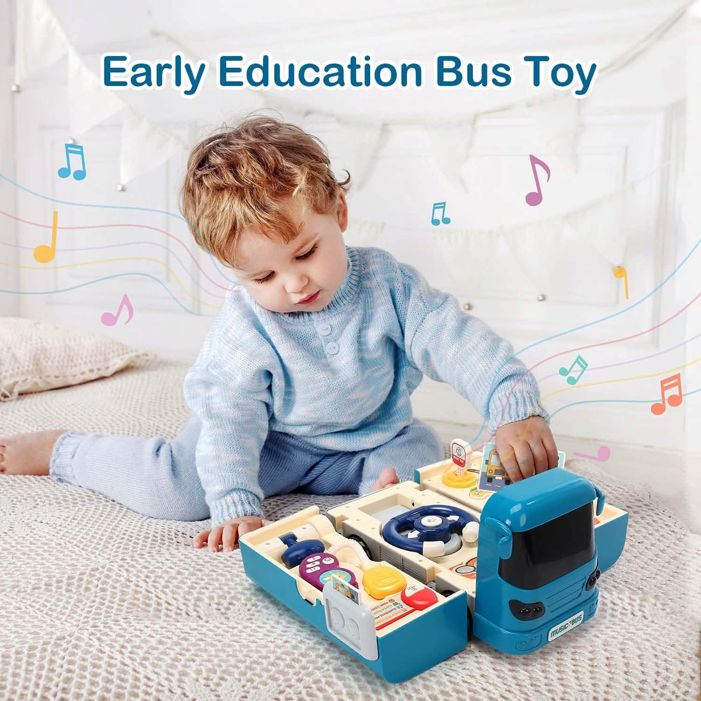 Kids Play Bus Vehicle with Sound and Light Simulation Steering Wheel Toy for Toddler