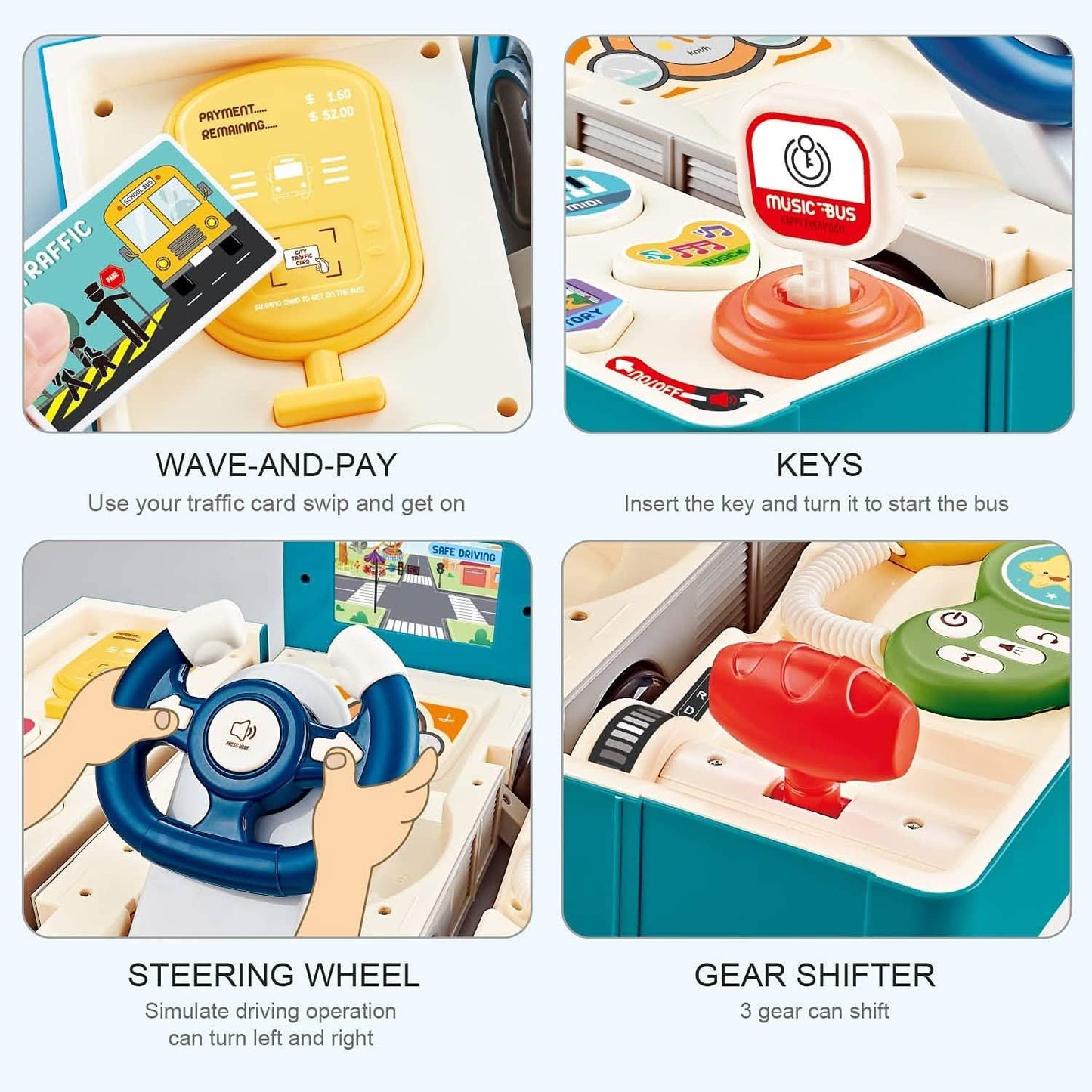 Kids Play Bus Vehicle with Sound and Light Simulation Steering Wheel Toy for Toddler